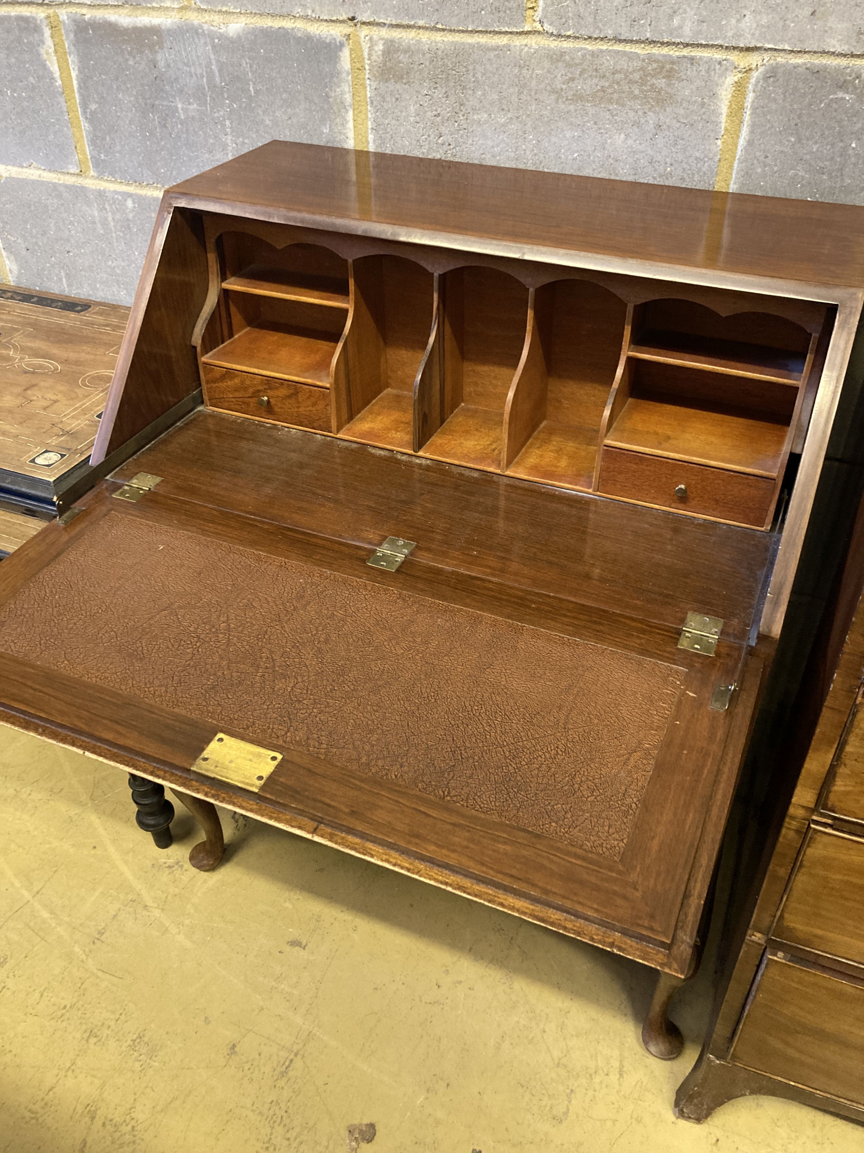 A Queen Anne style burr walnut bureau, width 76cm, depth 46cm, height 100cm